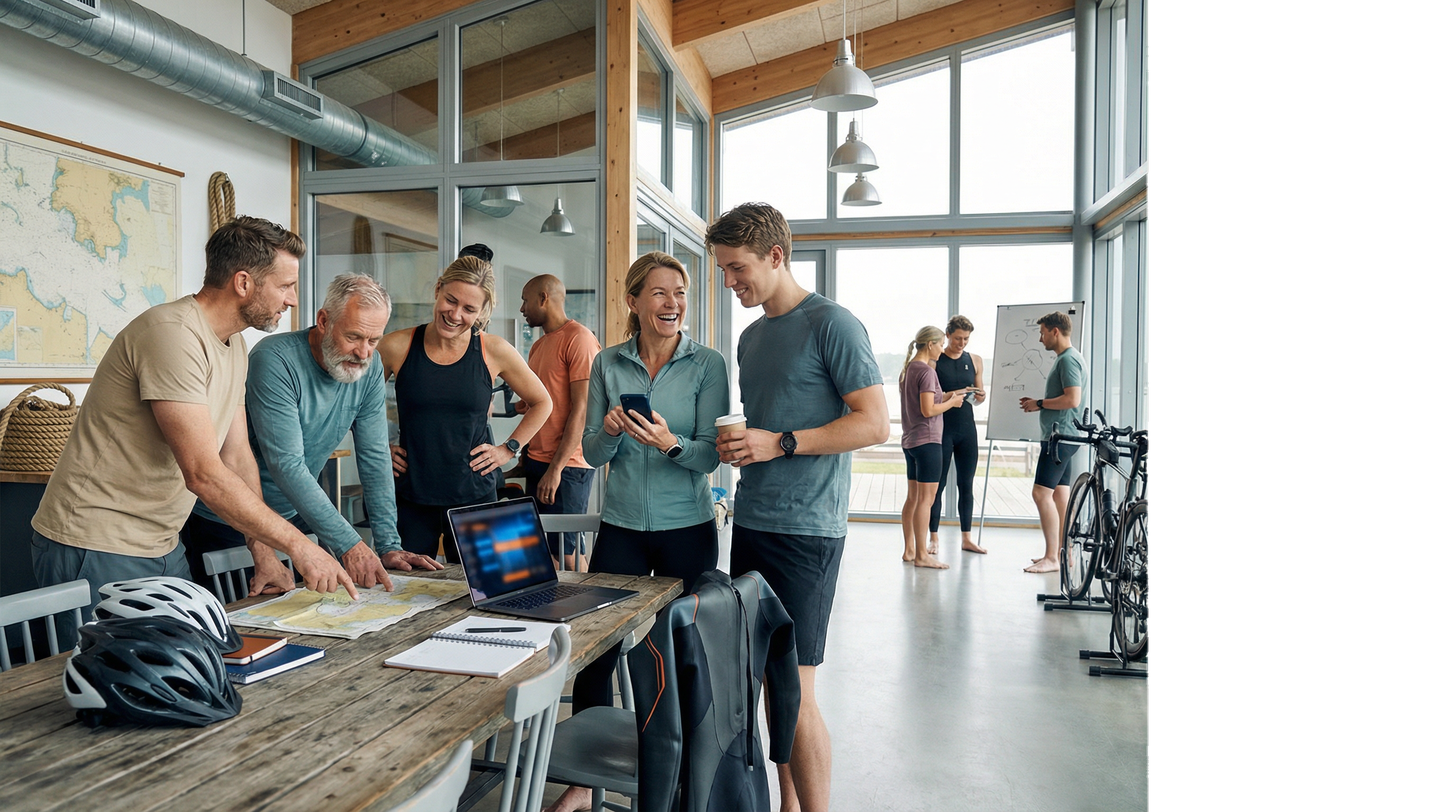 Triatleter mødes og planlægger sammen i et klubmiljø